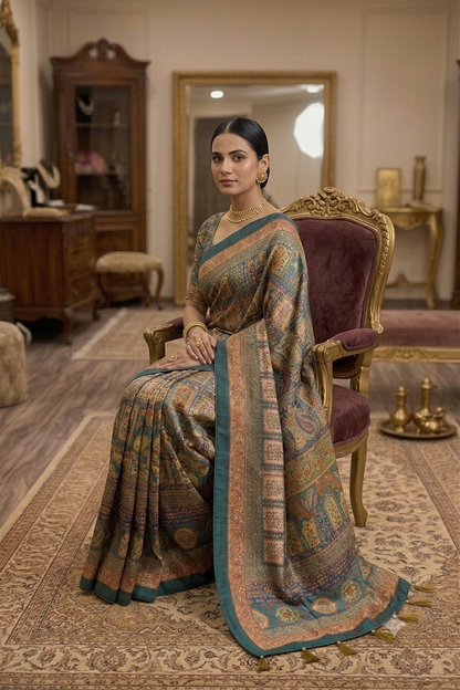 Elegant teal multicolour printed saree with velvet border and tassels