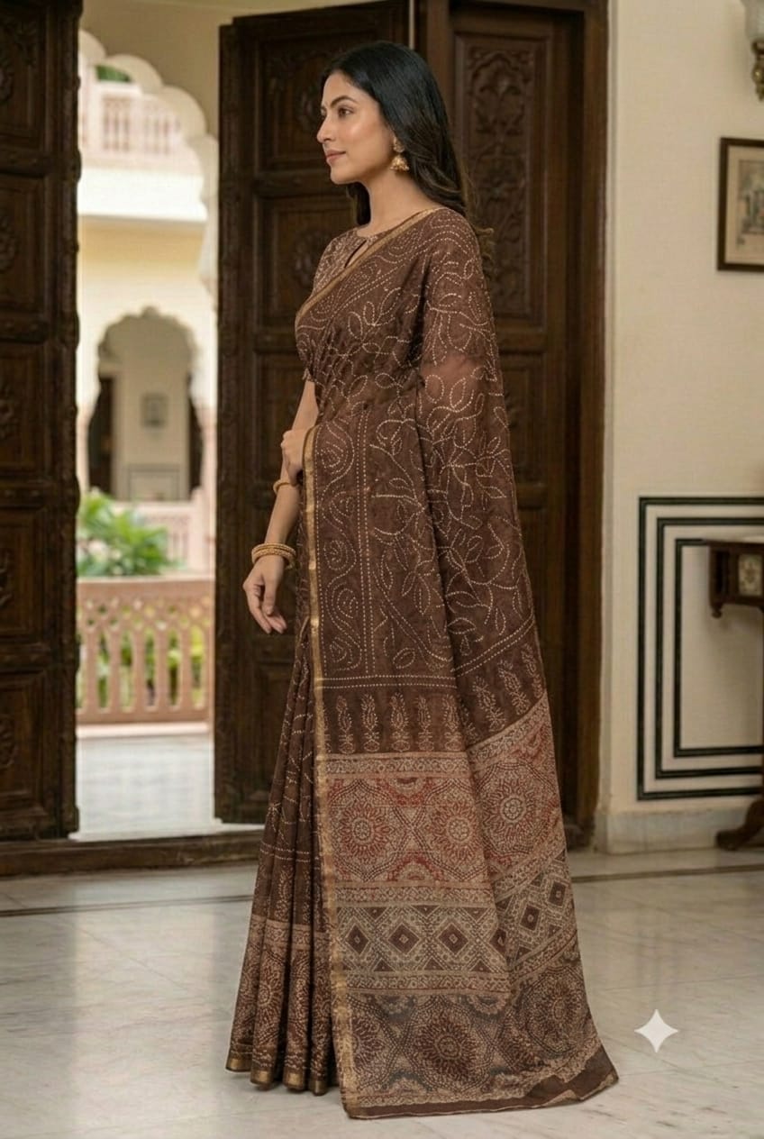 Chocolaty sandy mix polyester fabric saree