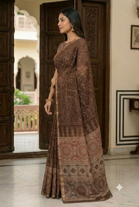 Chocolaty sandy mix polyester fabric saree