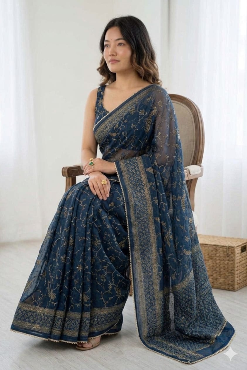 Dark bluesh georgette printed saree with simple border