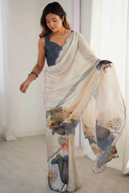 Milky white georgette saree with burned flower